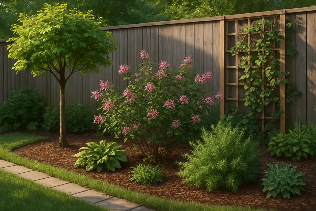 Garden border showing a tree, shrubs, herbaceous plants, and a climbing vine with different growth habits.