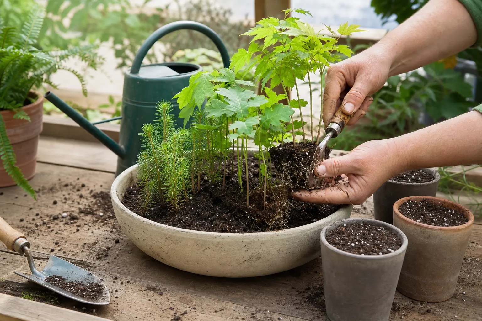 Young bonsai seedlings being separated from a crowded shared seed-starting pot into individual nursery pots.