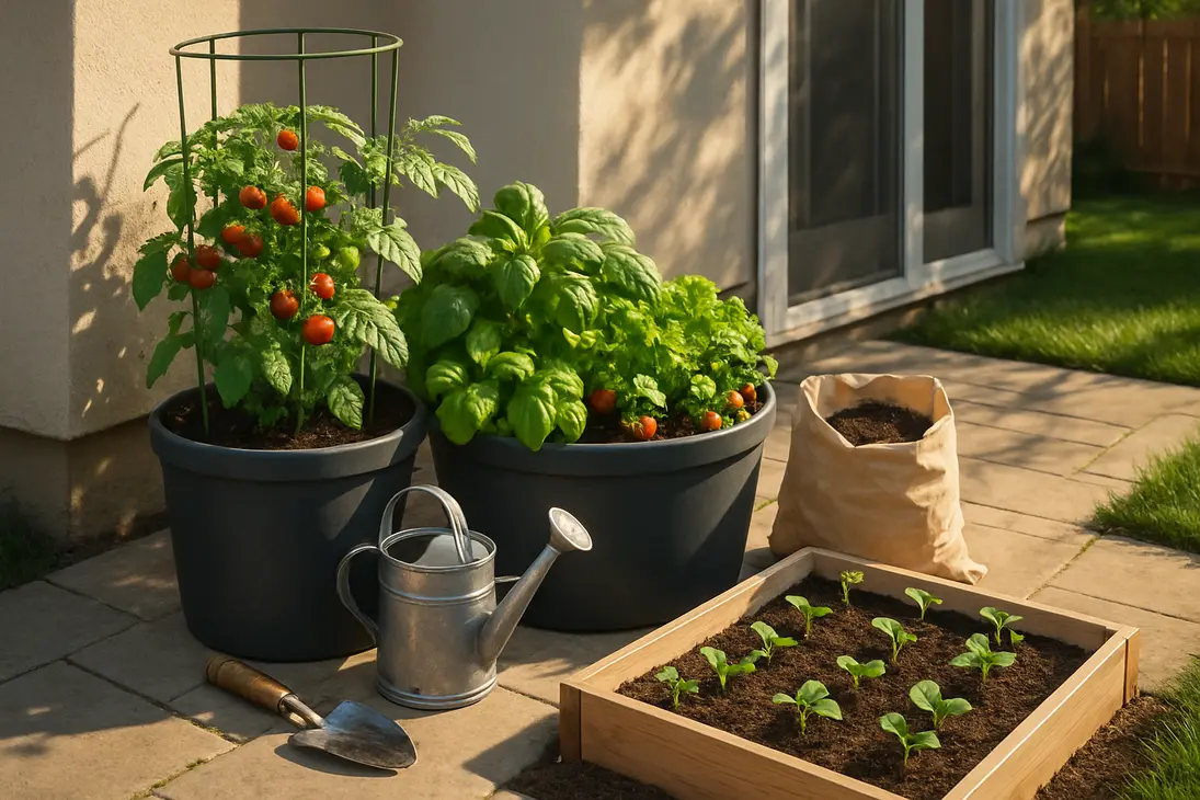 Beginner home garden with containers and a small raised bed growing tomatoes, herbs, lettuce, strawberries, and vegetables.