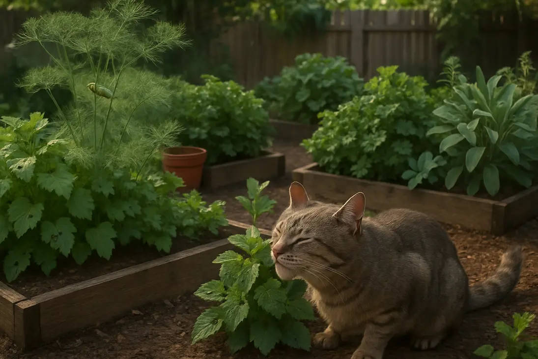 Cat sniffing catnip in an herb garden with chewed herbs and a caterpillar on dill.