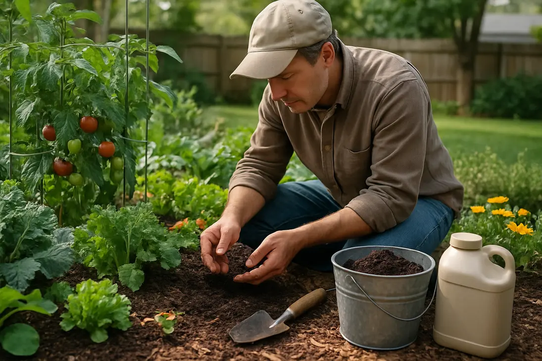 Gardener checking soil beside vegetables, herbs, compost, and fertilizer in a mixed garden bed.