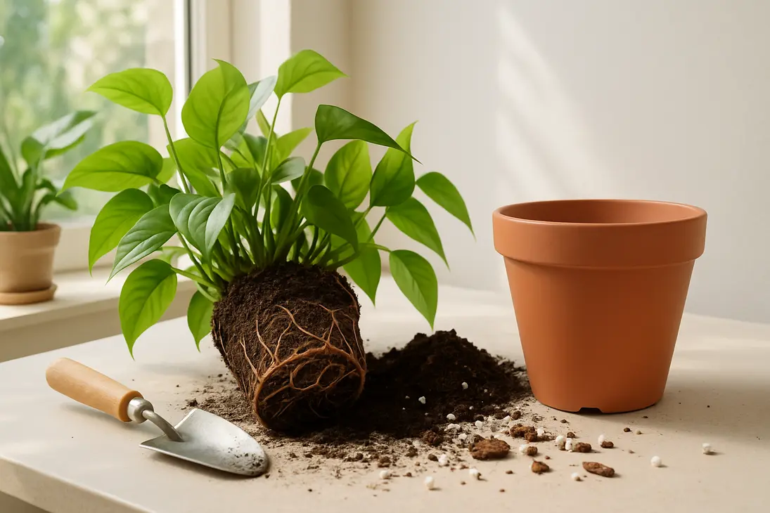 Houseplant removed from its pot with roots exposed beside fresh potting mix and a new container.
