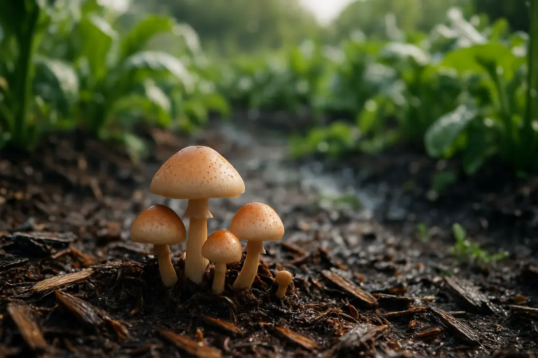 Mushrooms growing in moist mulch in a garden bed after rain.
