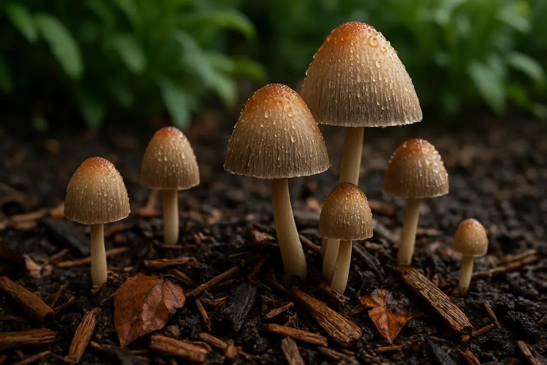 Mushrooms growing from damp mulch in a garden bed after rain.