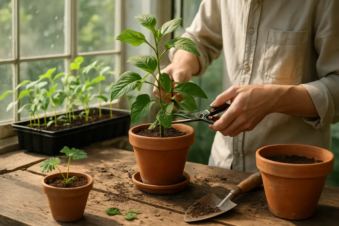 Gardener pruning a healthy potted plant beside seedlings leaning toward sunlight.