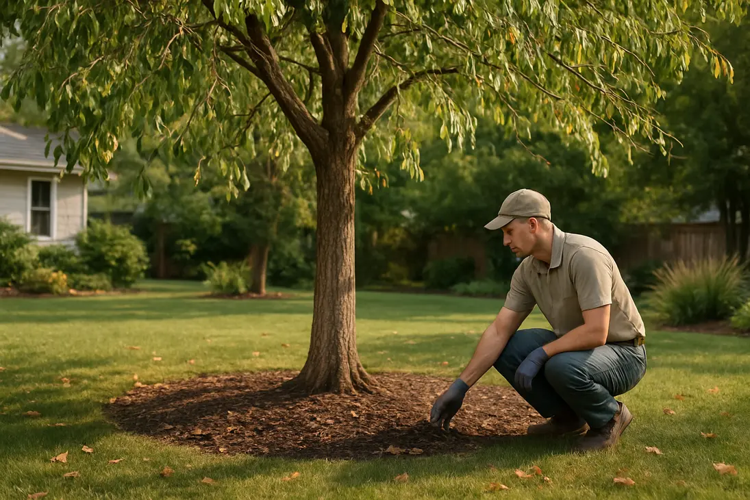 A gardener checks soil near a mature tree with drooping leaves and signs of stress.