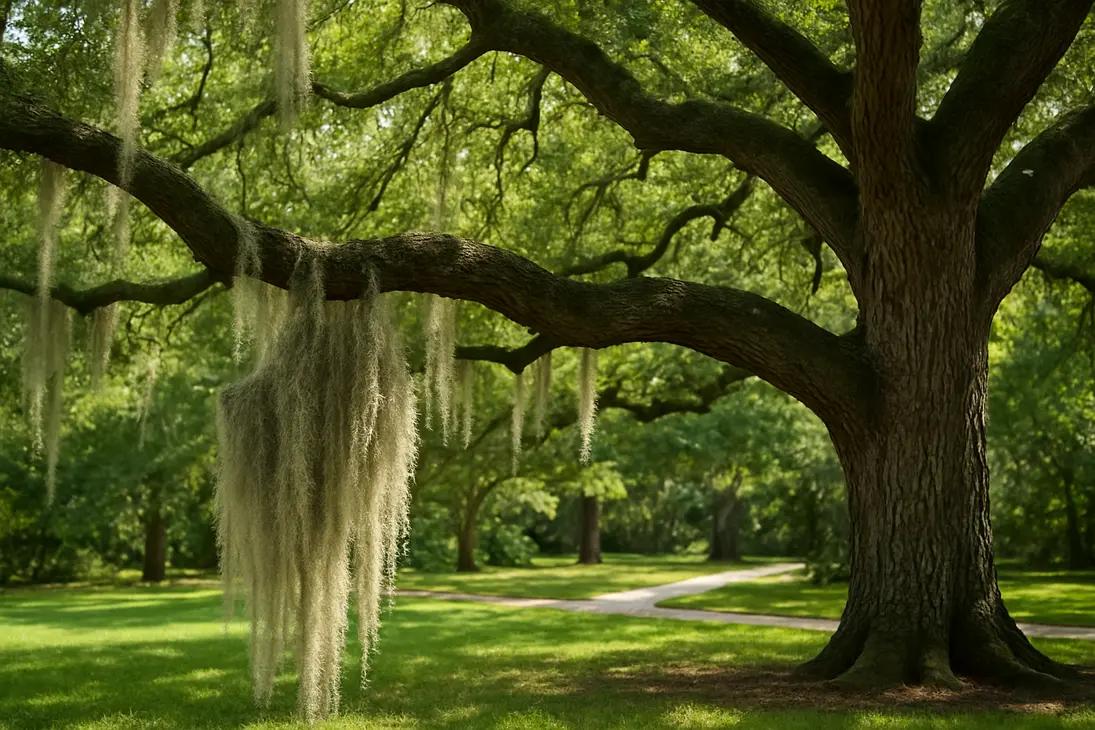 Live oak tree with Spanish moss hanging from its branches in a southern yard.