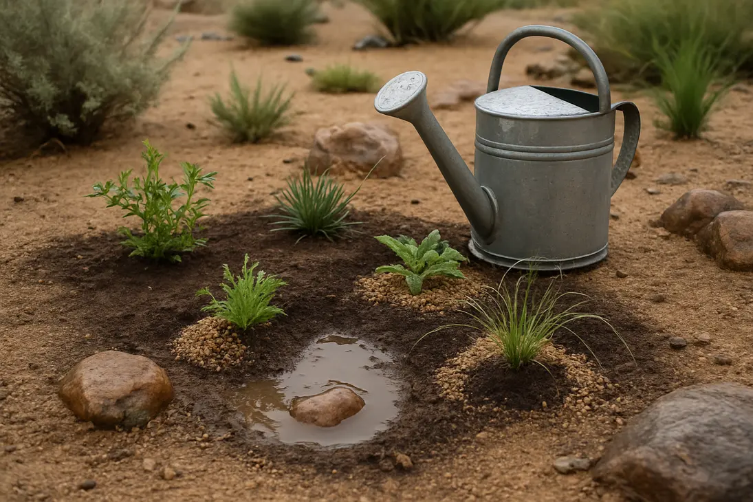 Drought-tolerant seedlings in moist desert soil after rain with a watering can nearby.