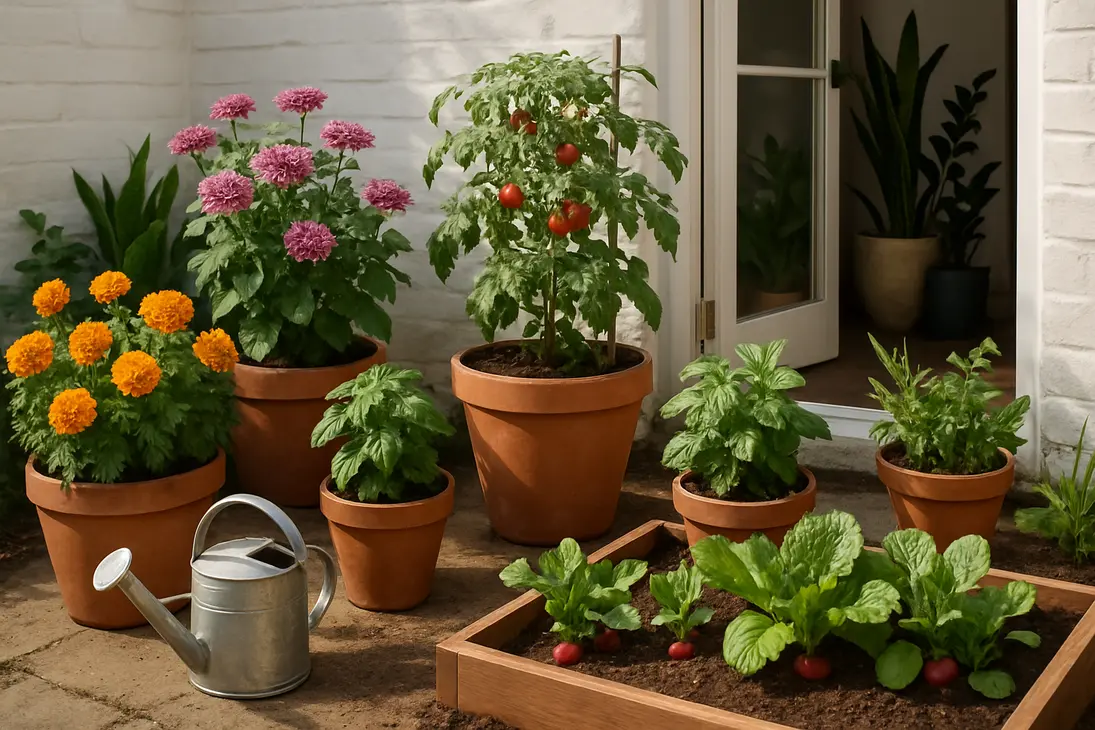 Beginner-friendly flowers, herbs, vegetables, and houseplants arranged on a sunny patio garden.