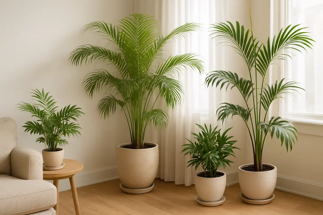 Several healthy indoor palms in a bright room, including parlor, areca, and kentia palms.