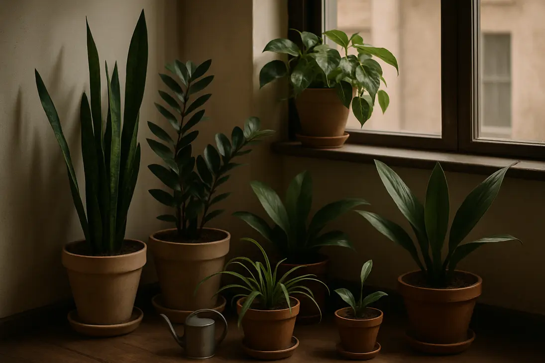 Low-light indoor houseplants including snake plant, ZZ plant, pothos and spider plant near a window.