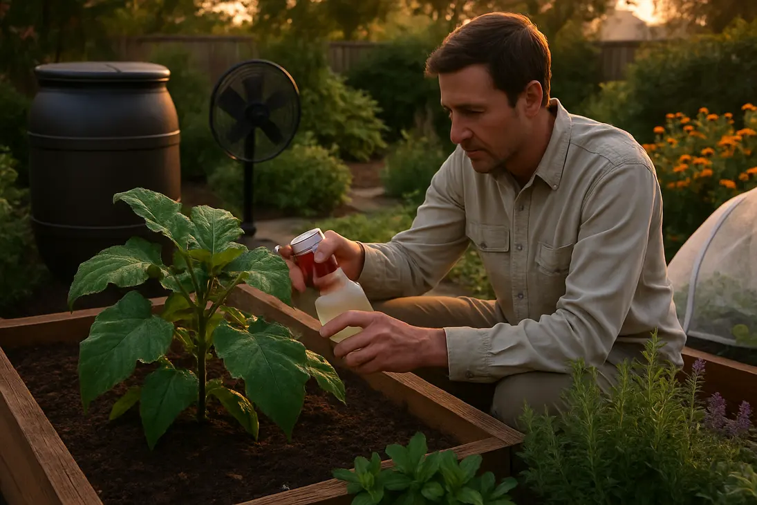 Gardener carefully spot-spraying a vegetable plant while using pollinator-friendly pest-control practices.