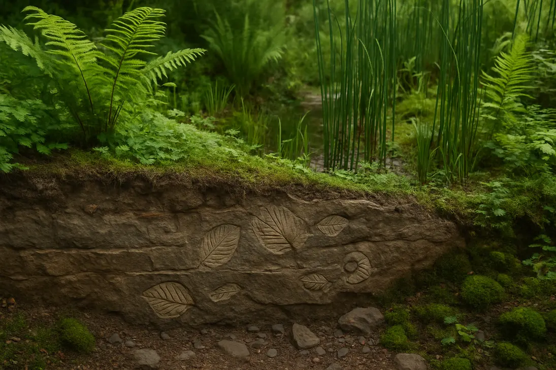 Layered sediment with fossil leaf and shell impressions beside ferns and wetland plants.