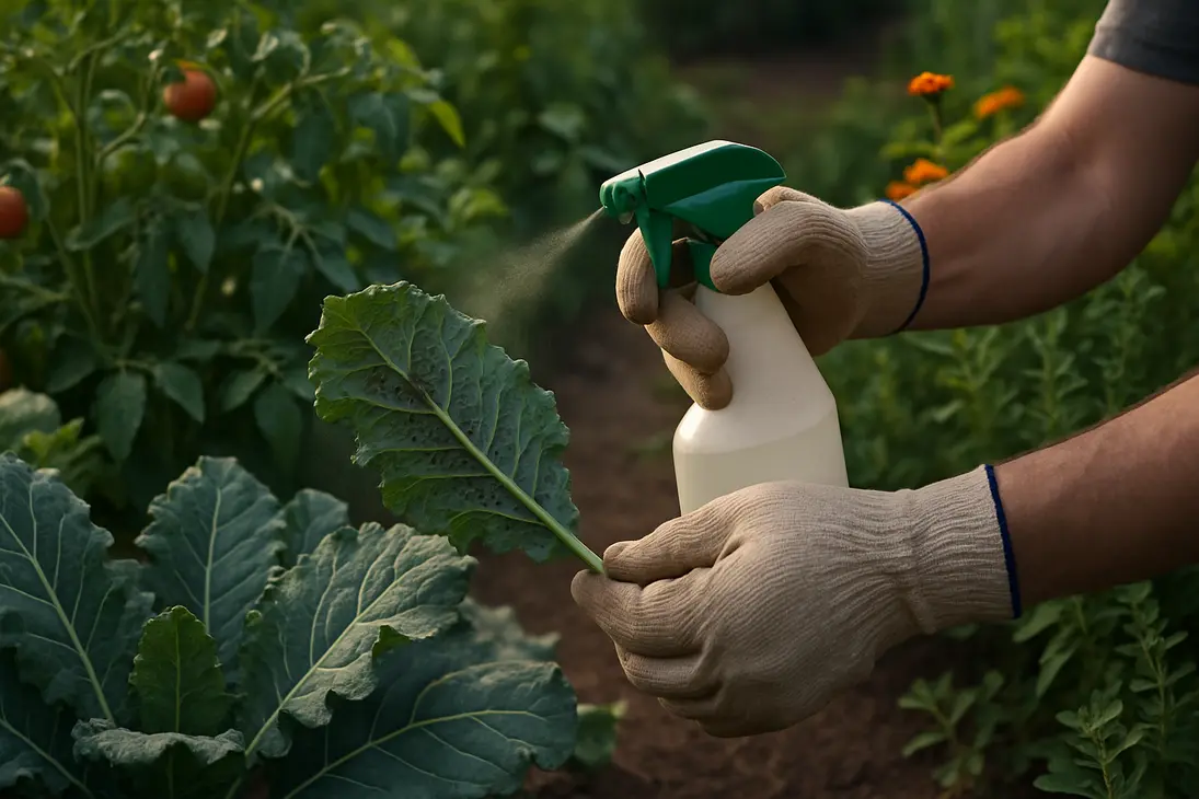 Gardener carefully spraying insecticidal soap on the undersides of aphid-infested vegetable leaves.