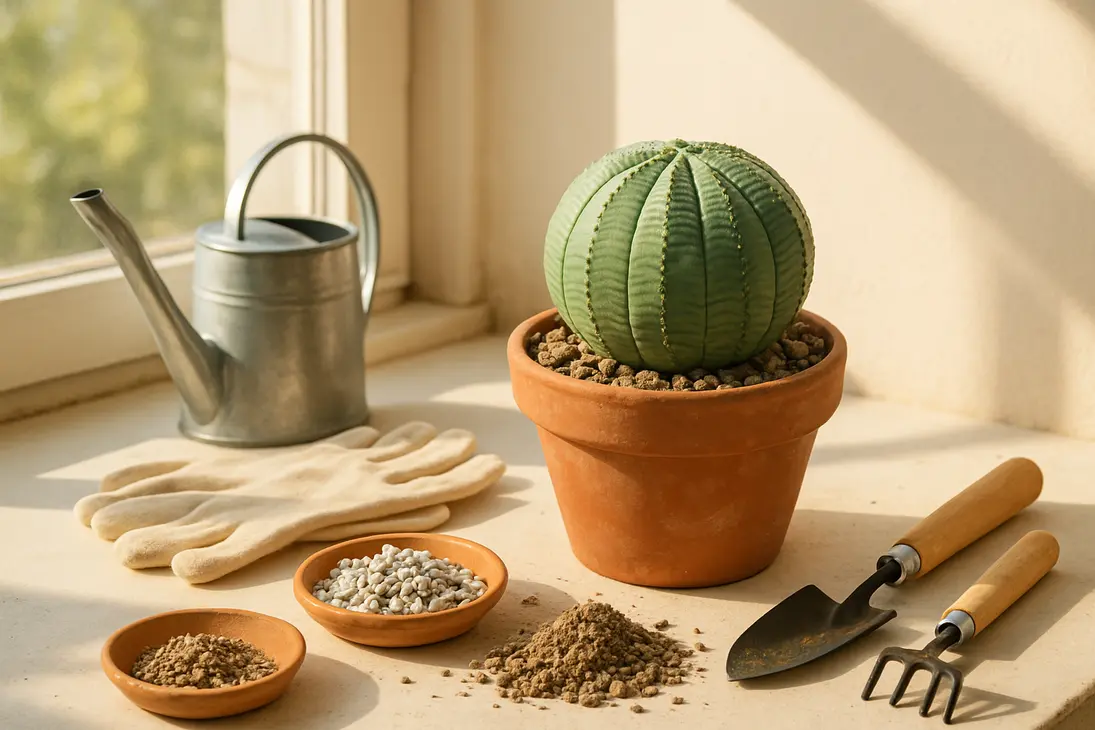Healthy Euphorbia obesa in a terracotta pot with gritty soil and care tools on a bright windowsill.