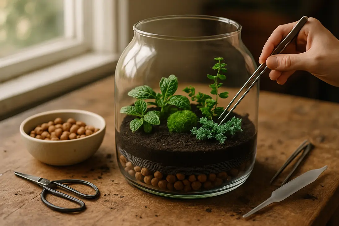 Glass terrarium showing a LECA false bottom, mesh barrier, substrate, and small tropical plants being planted.