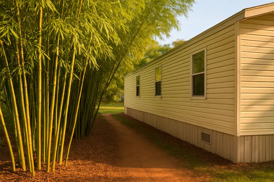 Clumping bamboo planted several feet from a trailer home to provide afternoon shade and privacy.