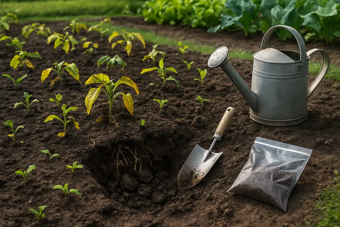 Struggling plants growing in rich-looking garden soil while a gardener checks compacted roots and soil structure.