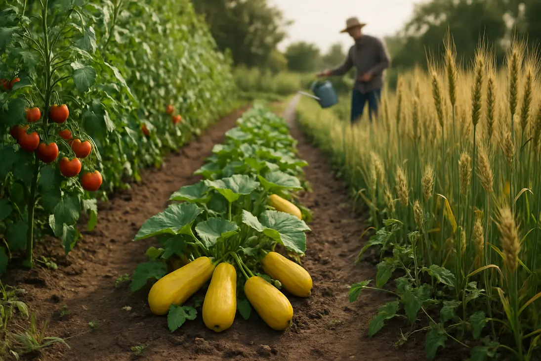 Domesticated crops with abundant fruit and grain growing beside wilder plants in a managed garden.