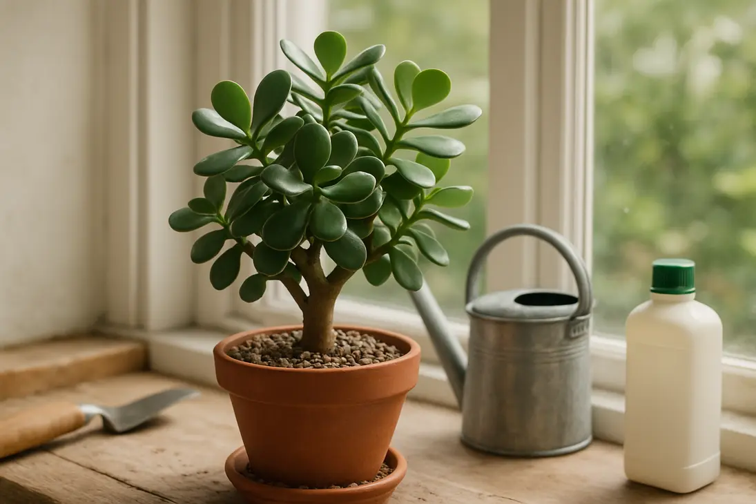 Healthy potted jade tree with fertilizer and watering can nearby on a bright indoor potting bench.