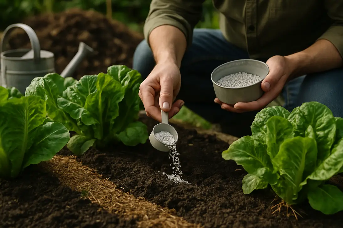 Gardener measuring fertilizer beside a healthy vegetable bed with compost-rich soil.
