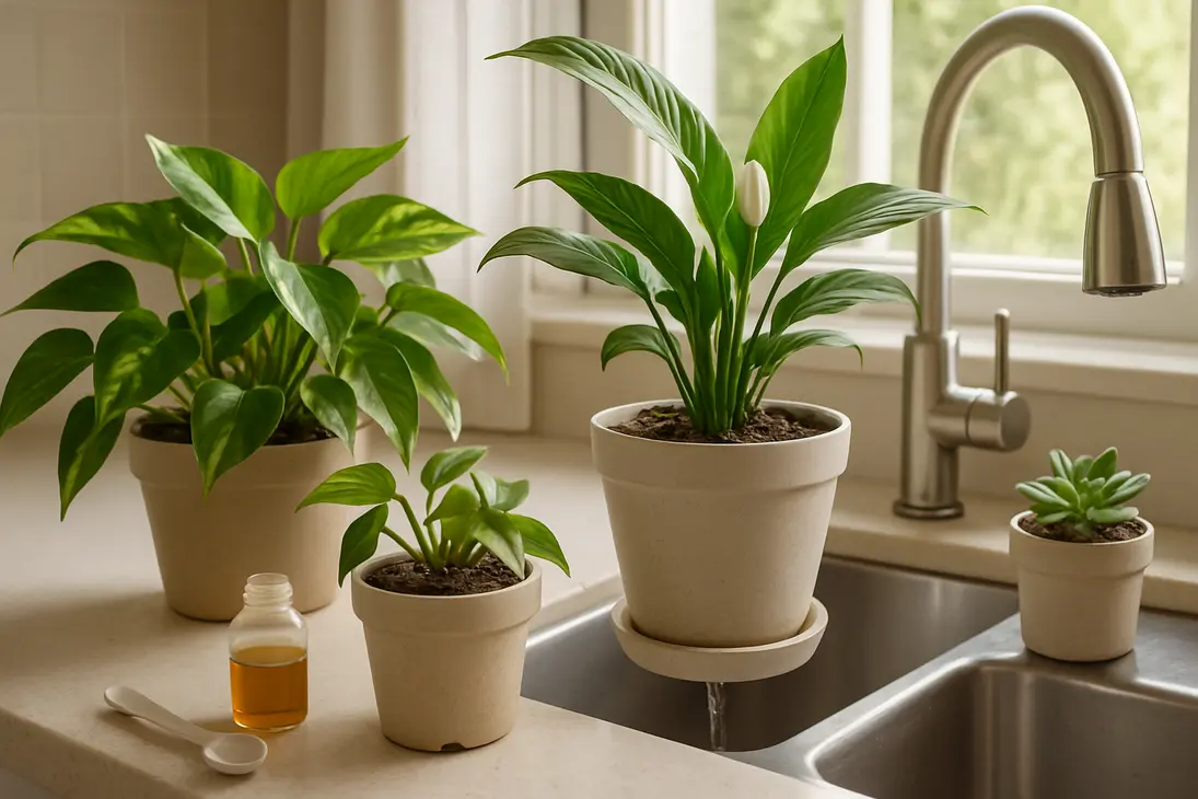 Houseplants near a sink with water draining through a pot to flush excess fertilizer salts.