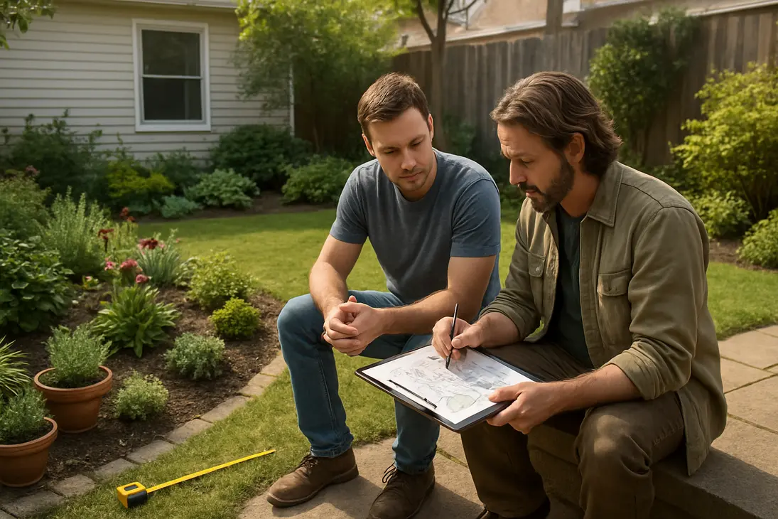 Homeowner discussing backyard garden plans with a garden expert.