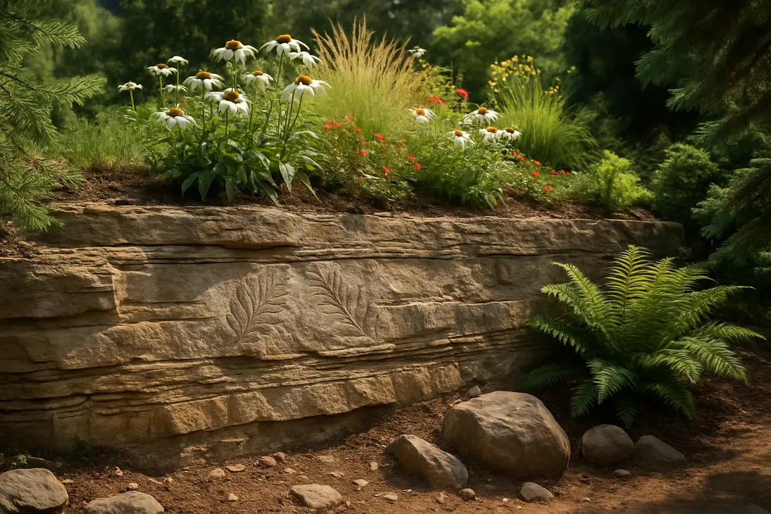 Layered sedimentary rock with fossil leaf impressions below modern flowering plants in a botanical garden setting.