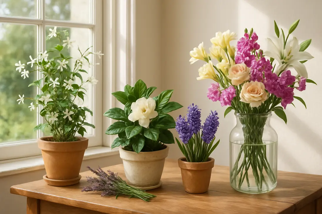 Fragrant indoor flowers including jasmine, gardenia, lavender, hyacinths, freesia, roses, stock, and lilies arranged by a sunny window.