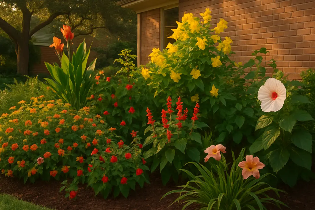 A Houston garden bed with lantana, salvia, Turk’s cap, cannas, daylilies, and hibiscus blooming in summer.