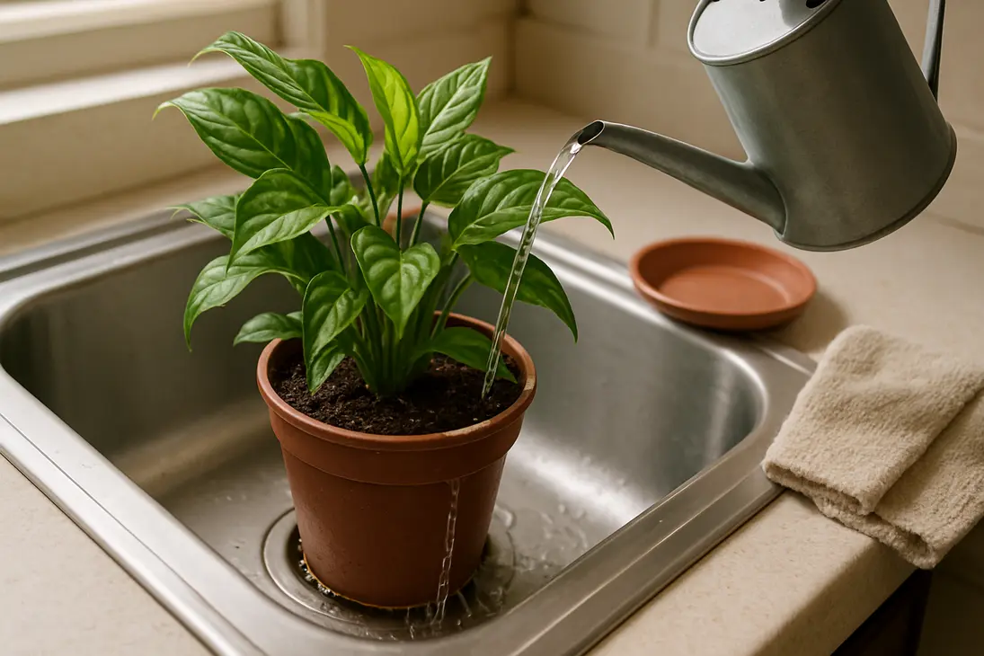 A potted houseplant being flushed with water in a sink while excess water drains from the pot.
