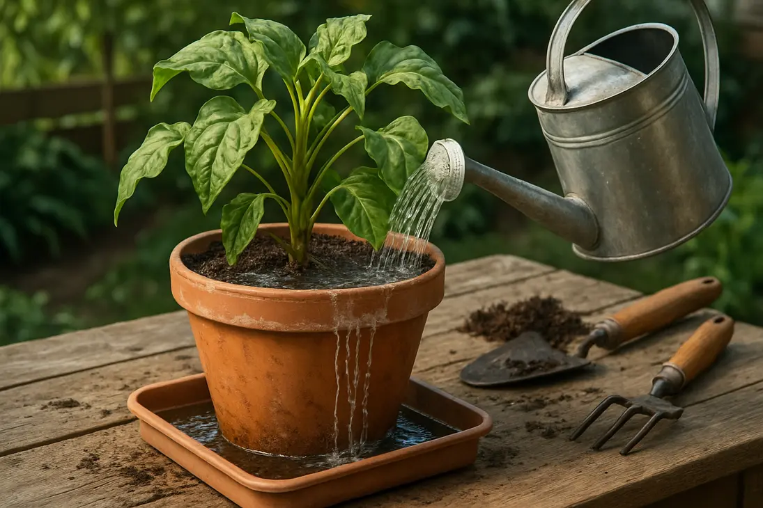 Water draining from a potted plant during a careful soil flush to remove fertilizer salt buildup.
