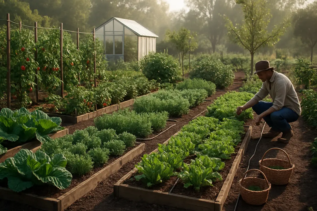 A diverse food horticulture garden with vegetables, herbs, berries, fruit trees, and a small greenhouse.