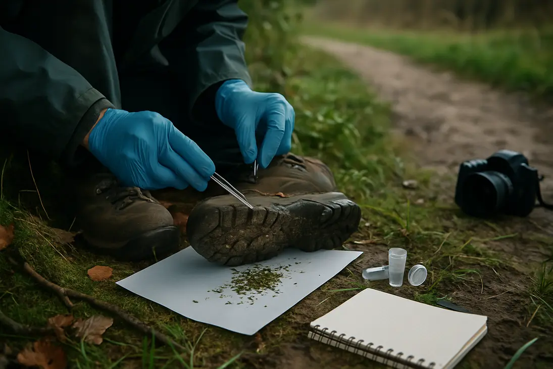 Forensic botanist collecting plant evidence from a muddy boot near woodland vegetation.