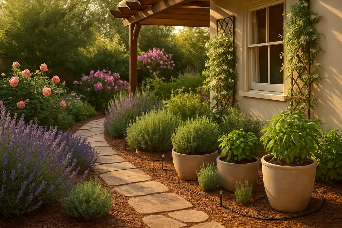 A heat-tolerant fragrant garden with lavender, herbs, roses, jasmine, mulch, containers, and patio seating.