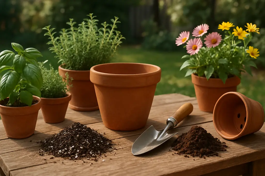 Potting mix and clumped garden soil beside outdoor containers on a garden workbench.