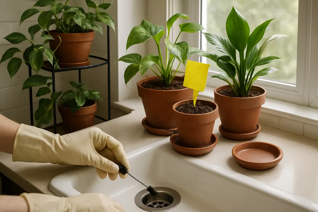 Houseplants with a sticky trap near the soil and a drain brush nearby for controlling small flies.