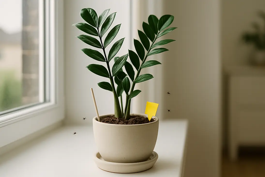 ZZ plant in a pot with a yellow sticky trap used to monitor fungus gnats near the soil.