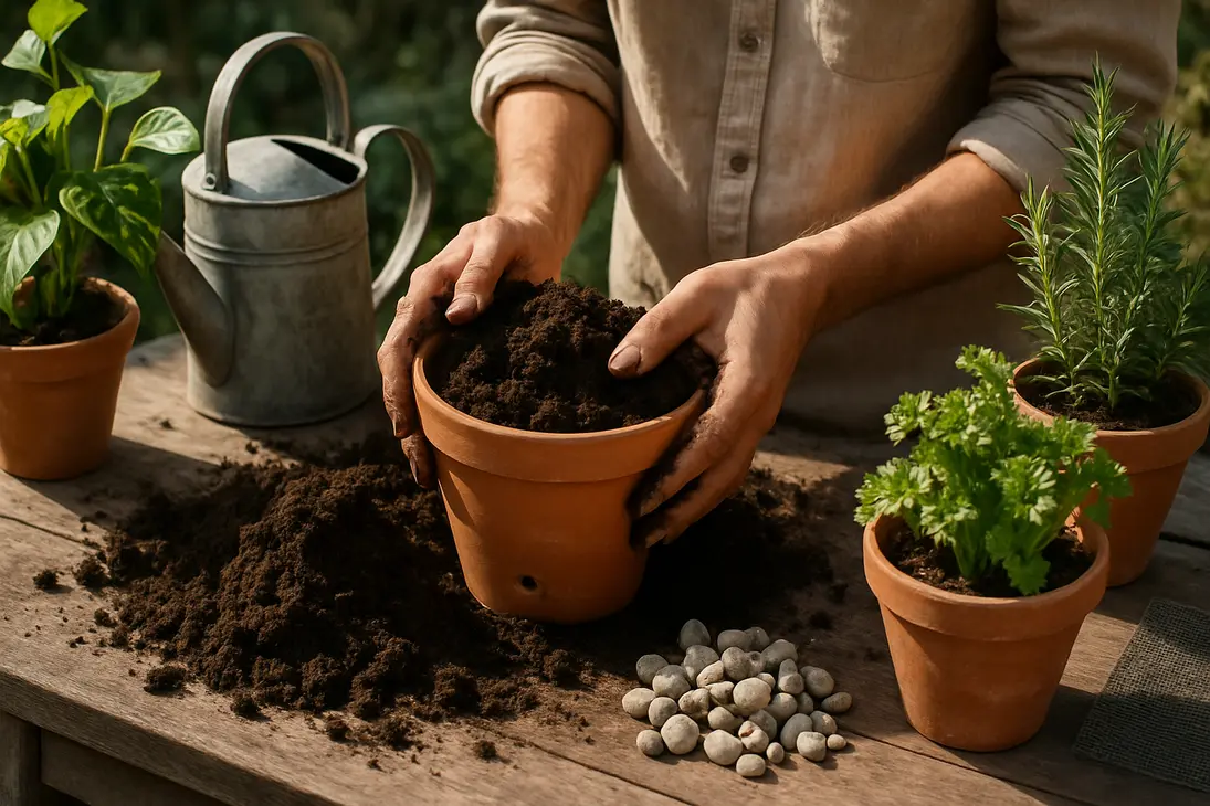 Gardener filling a plant pot with potting mix while gravel sits unused beside the container.