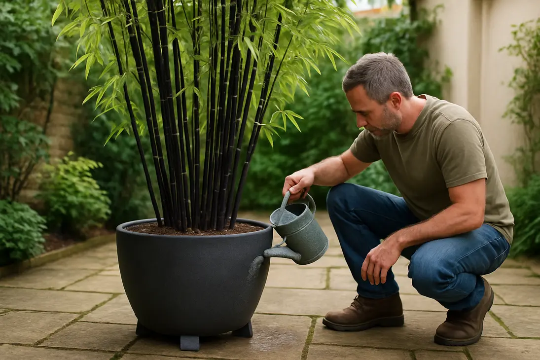 Black bamboo growing in a large pot on a patio with a gardener checking the container.