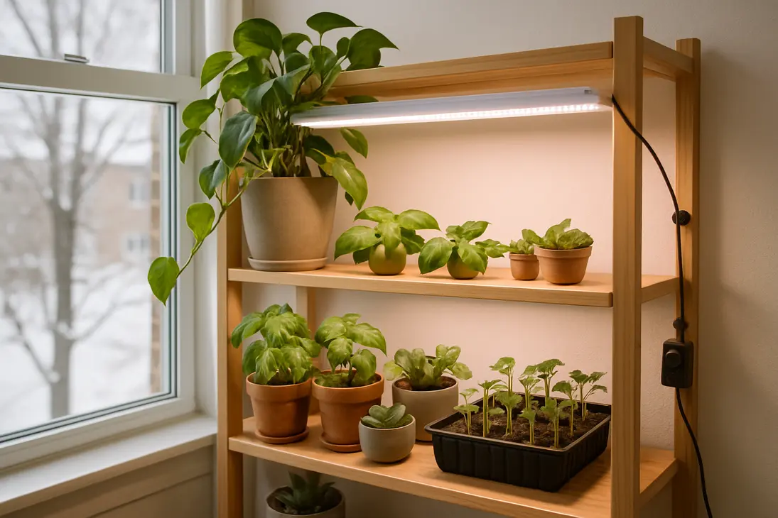 Indoor houseplants, herbs, and seedlings growing under LED grow lights on a plant shelf.