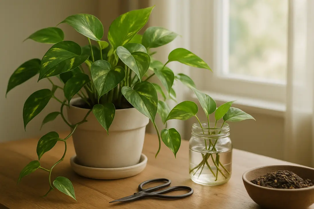 Healthy money plant vines growing indoors in a pot near a bright window with cuttings rooting in water nearby.