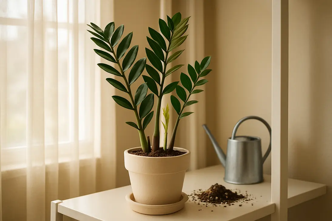Tall healthy ZZ plant growing indoors near a bright window with new shoots emerging.