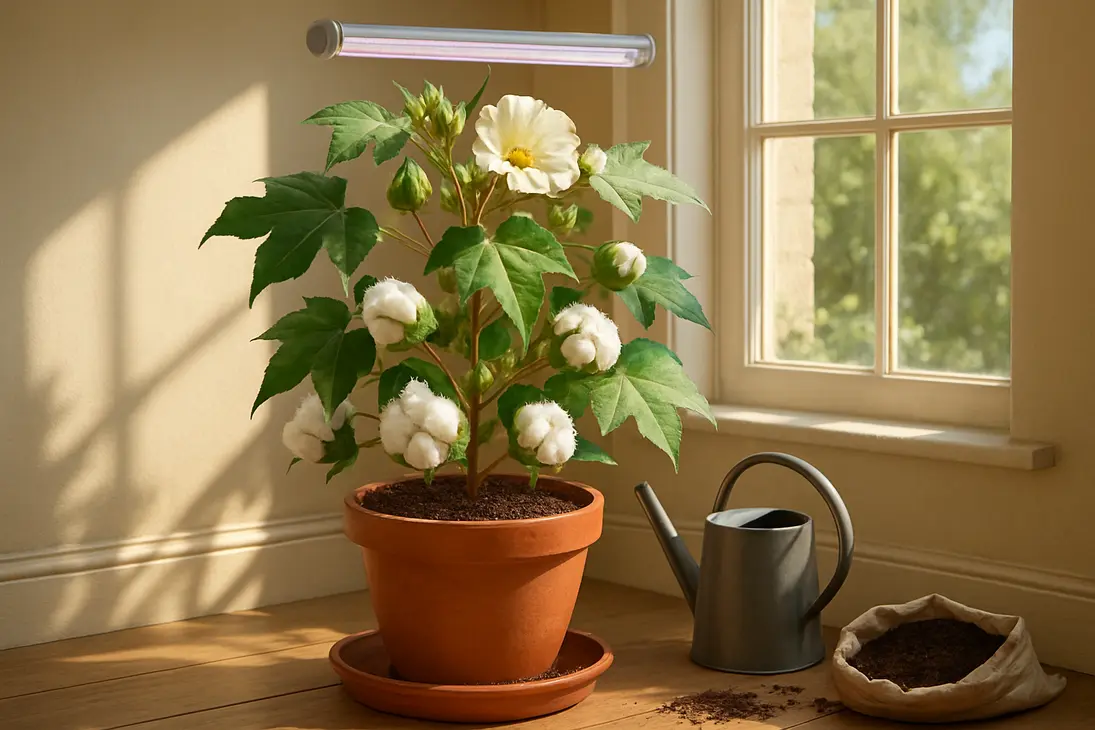 Indoor cotton plant in a large pot by a sunny window with flowers and open cotton bolls.