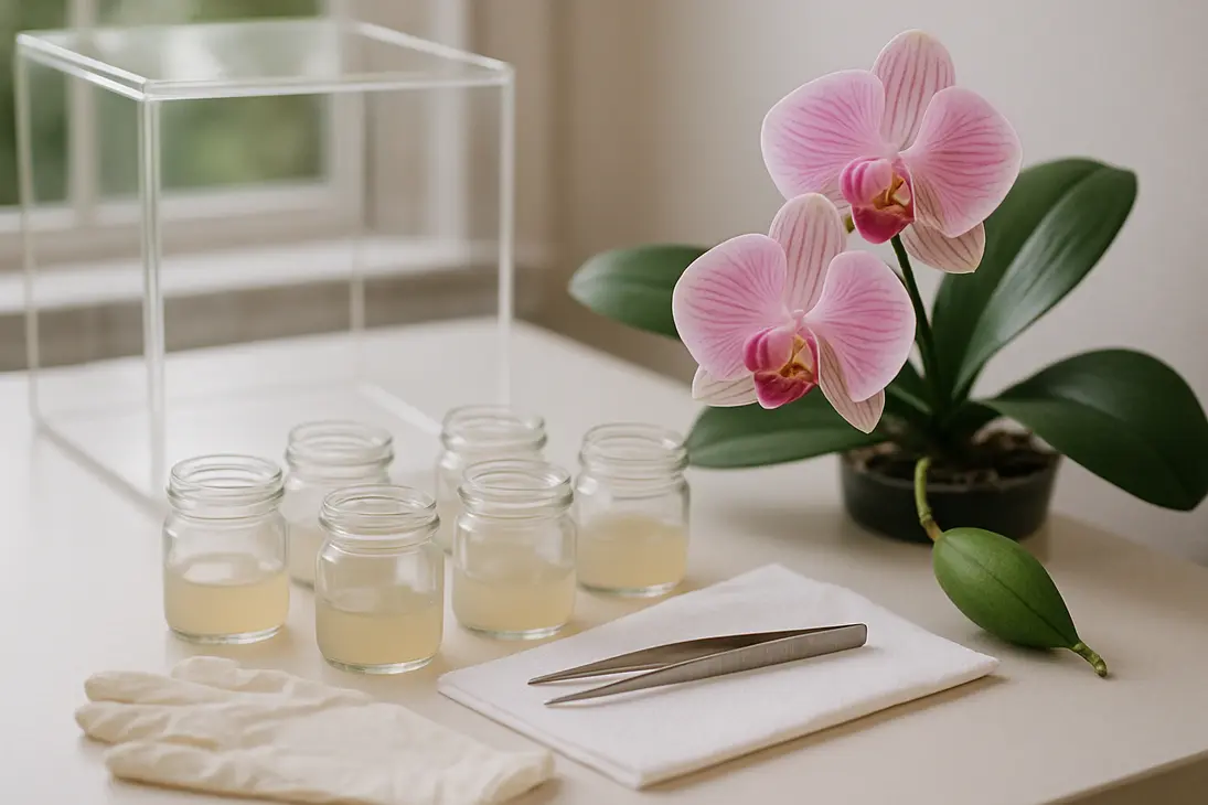 Home orchid seed flasking setup with sterile jars, tools, and a blooming orchid plant.