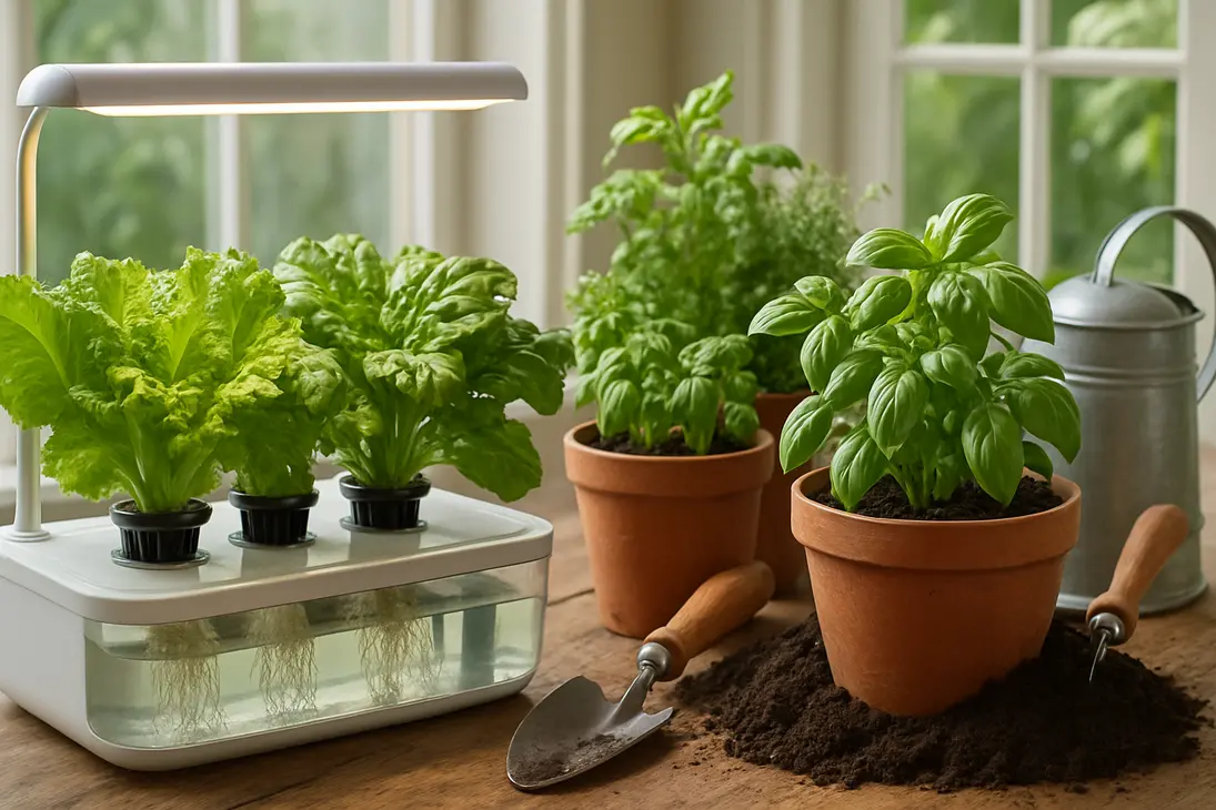 Healthy herbs and greens growing side by side in a hydroponic water system and soil-filled containers.