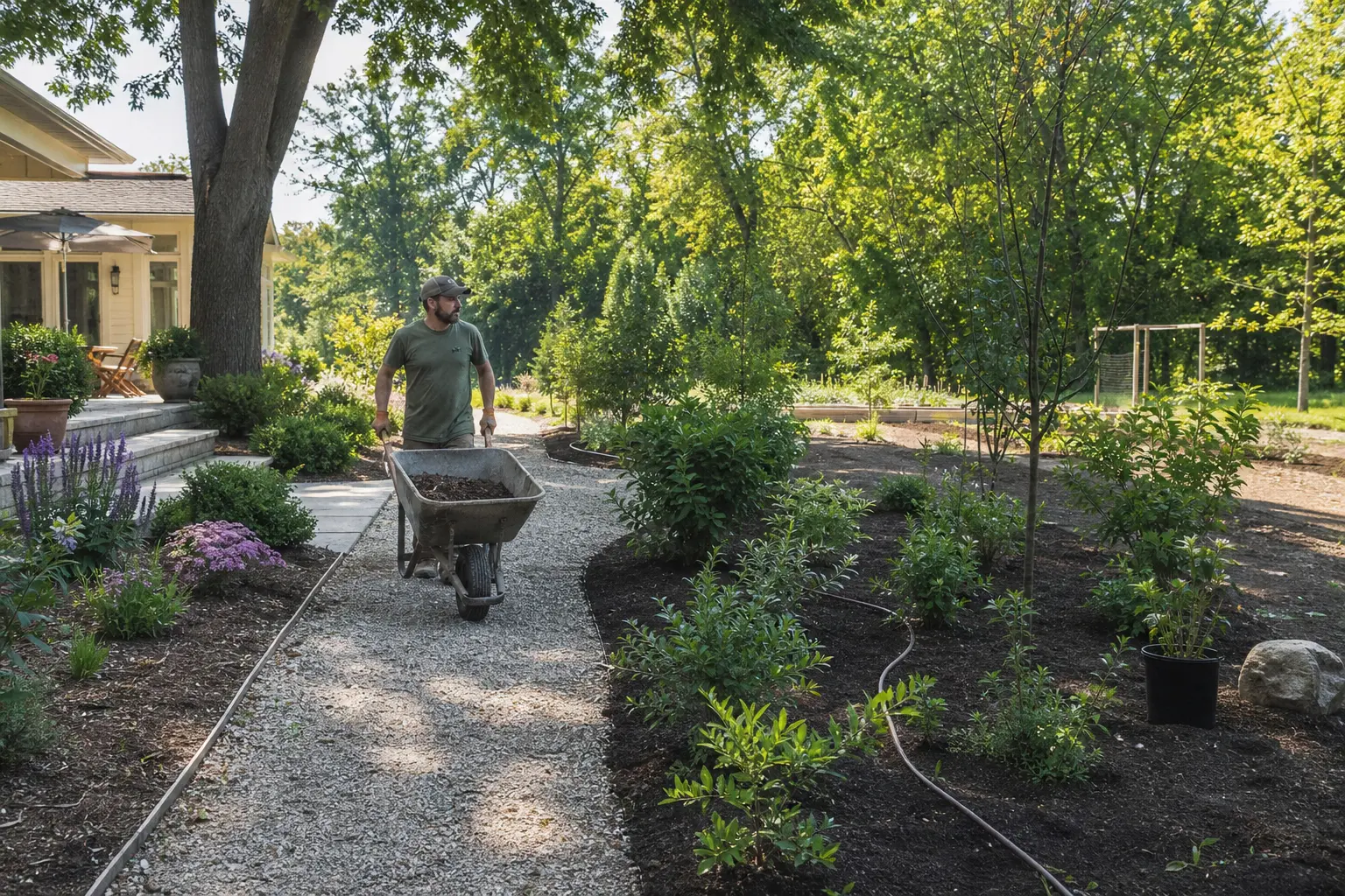 Gardener using a wheelbarrow on a path between organized planting zones in a large garden.