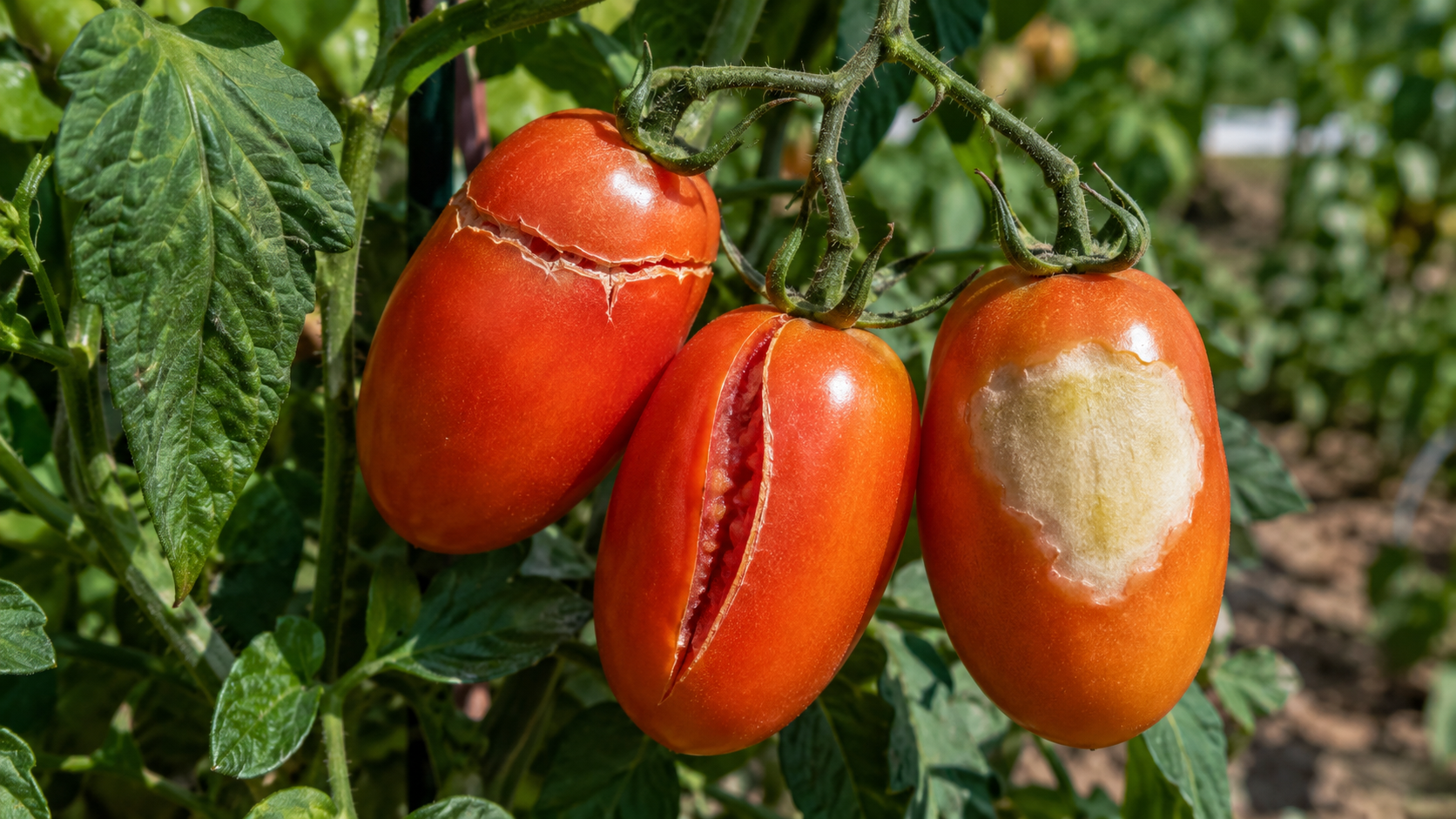 Ripe Roma tomatoes growing on the vine in a home garden, ready for harvest