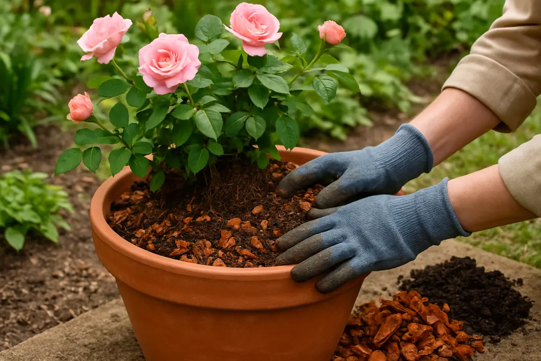 A rose being planted in a soil mix with coconut husk chips and composted cow manure.