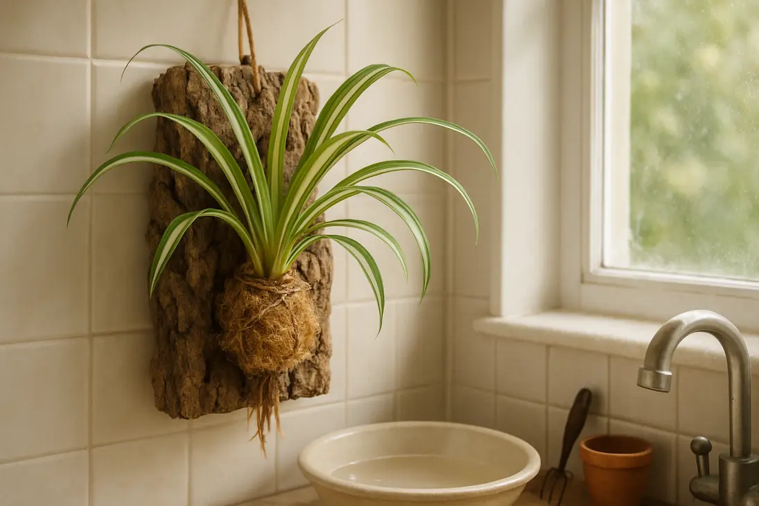 A small spider plant mounted on cork bark with sphagnum moss and twine around its roots.